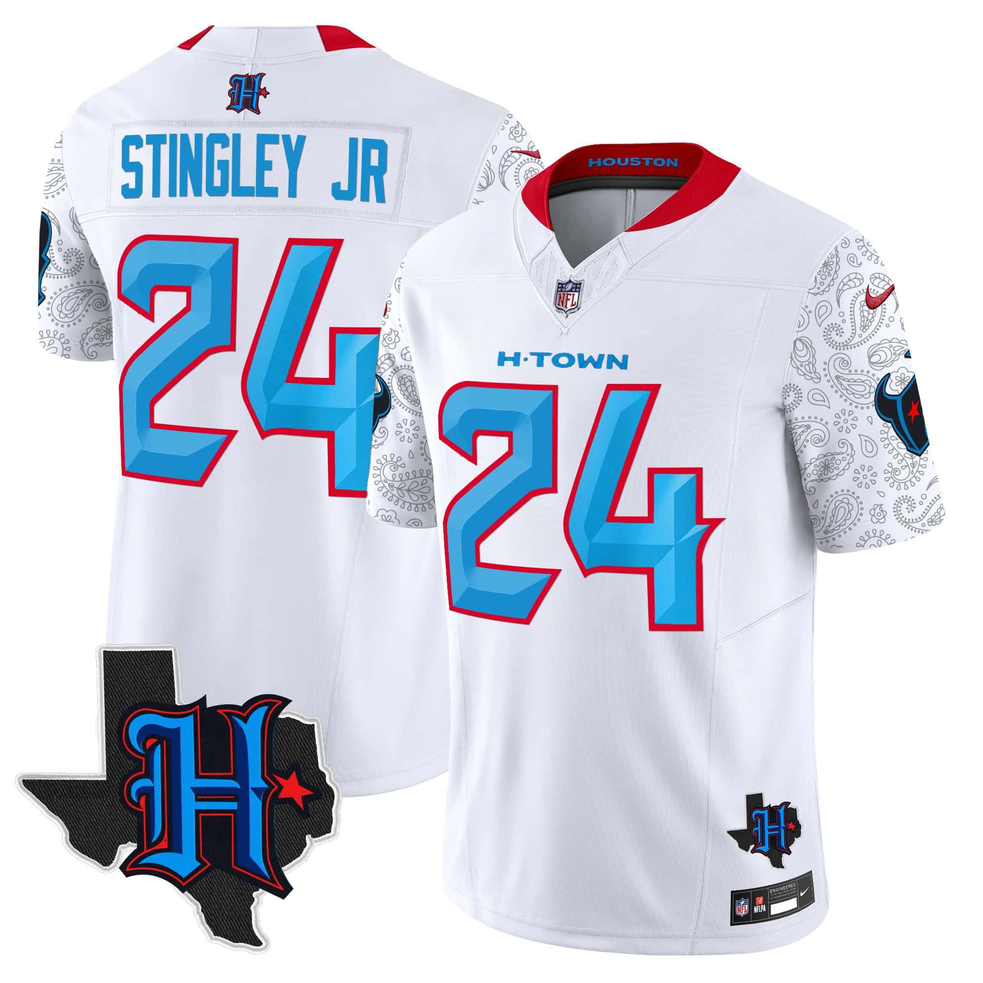Men Houston Texans #24 Stingley jr White 2024 Nike Texas Patch Vapor Limited NFL Jersey
